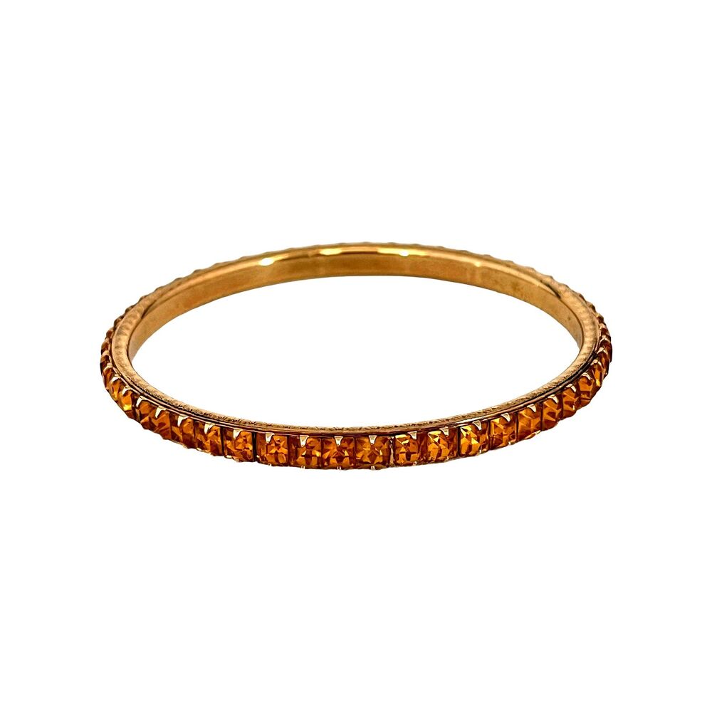 Vintage 1960s Crystal Bracelet Amber Rhinestone Bangle Gold Tone - 15E